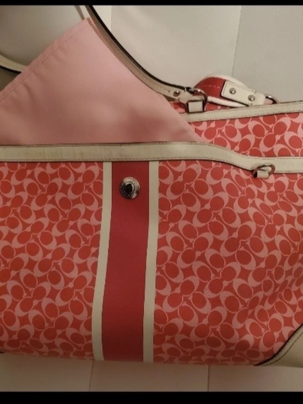 Coach Coral/ Pink Diaper Bag With Changing Pad & Lots Of Storage Comartments.